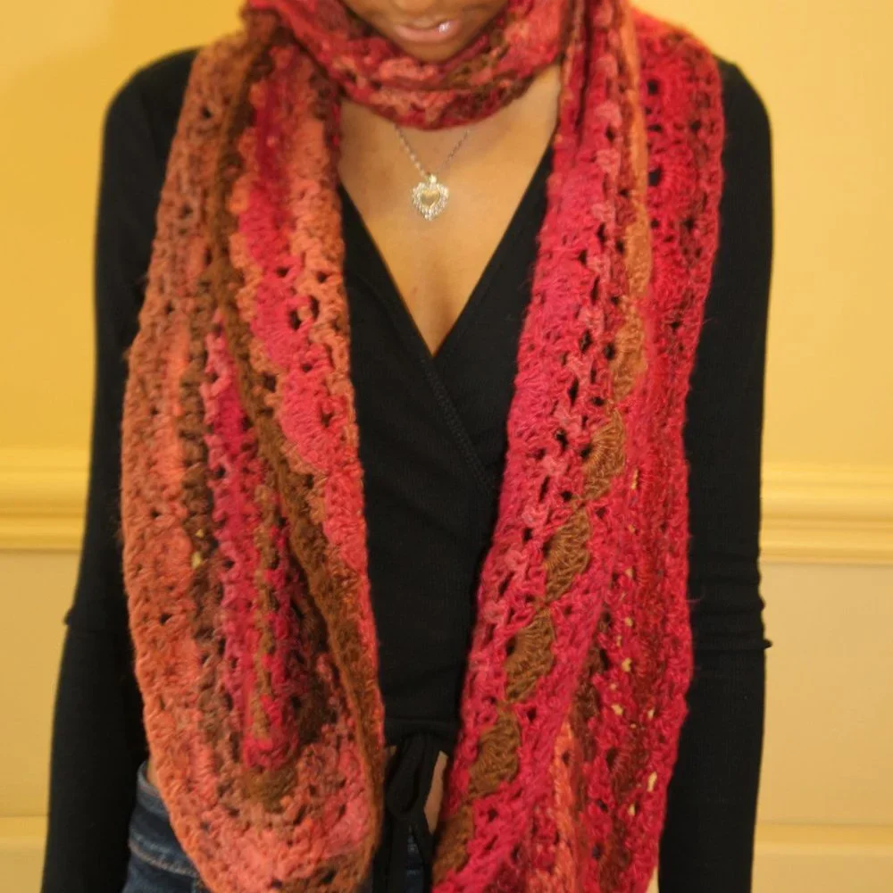 Crochet Multiwear Long Scarf in Pinks and Brown NEW